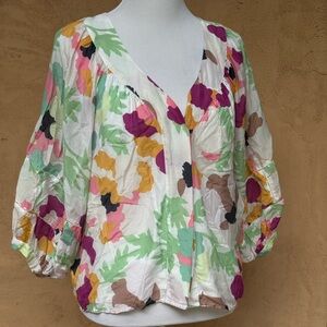 Anthropologie Floral 3/4 Sleeve Relaxed Blouse